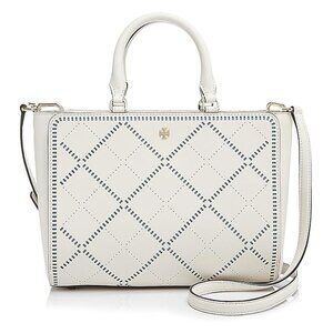 Tory Burch Robinson Crosshatch Leather Satchel Bag Ivory Riviera Blue Handbag NW